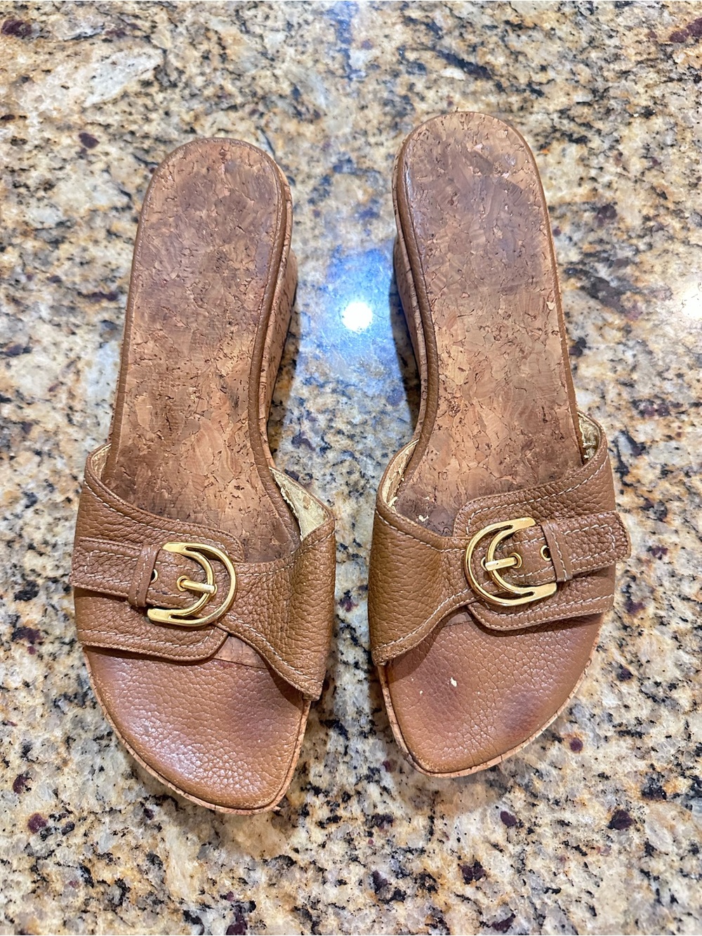 Stuart Weitzman Tan Leather Slide Mules with Gold Buckle